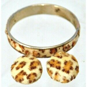 VINTAGE FAUX LEOPARD FUR BANGLE BRACELET AND CLIP EARRINGS